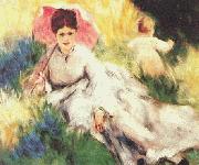 Pierre Renoir Woman with a Parasol and a Small Child on a Sunlit Hillside painting